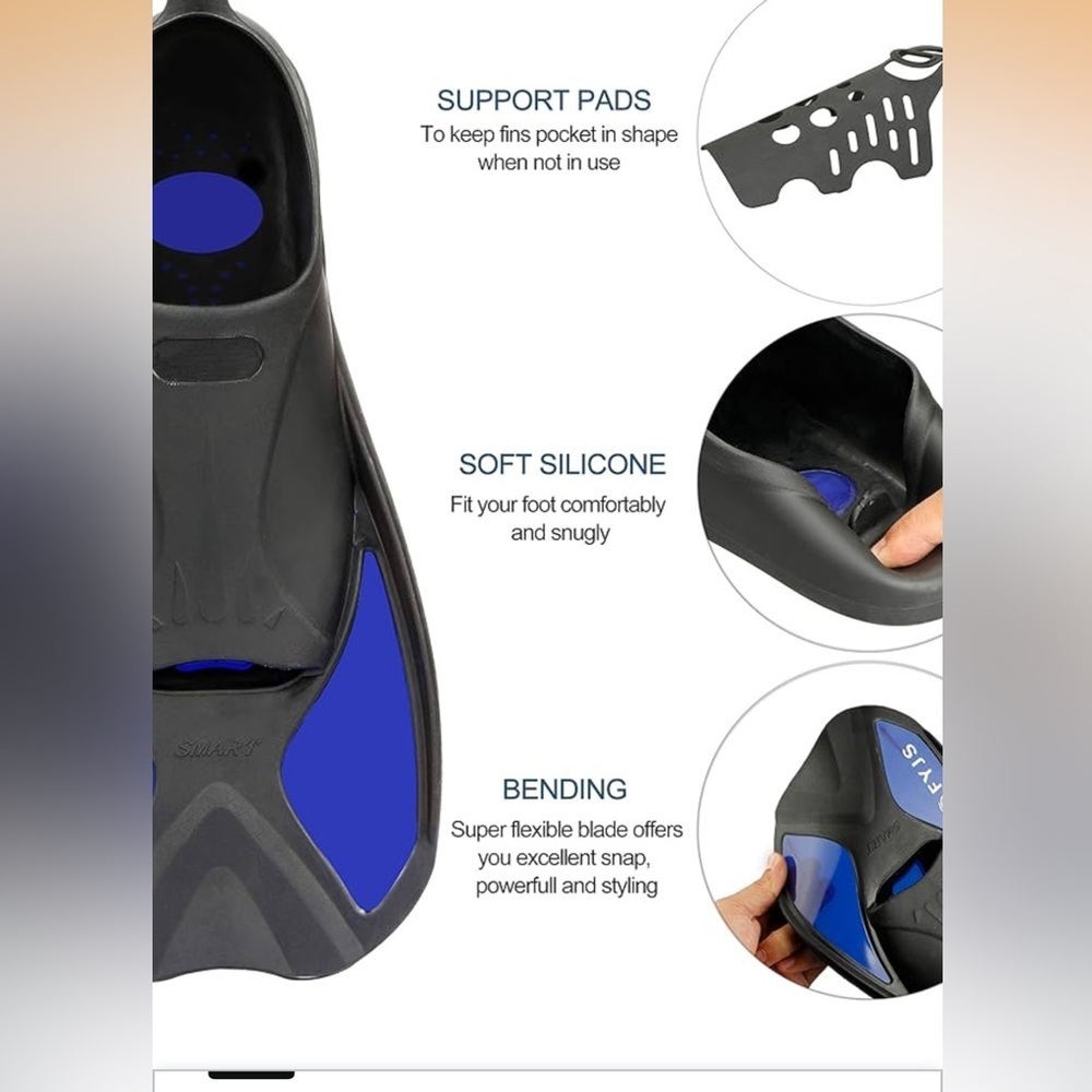 Unisex Short Swim Fins in Black and Blue - Travel Diving Flippers - Picture 2 of 8